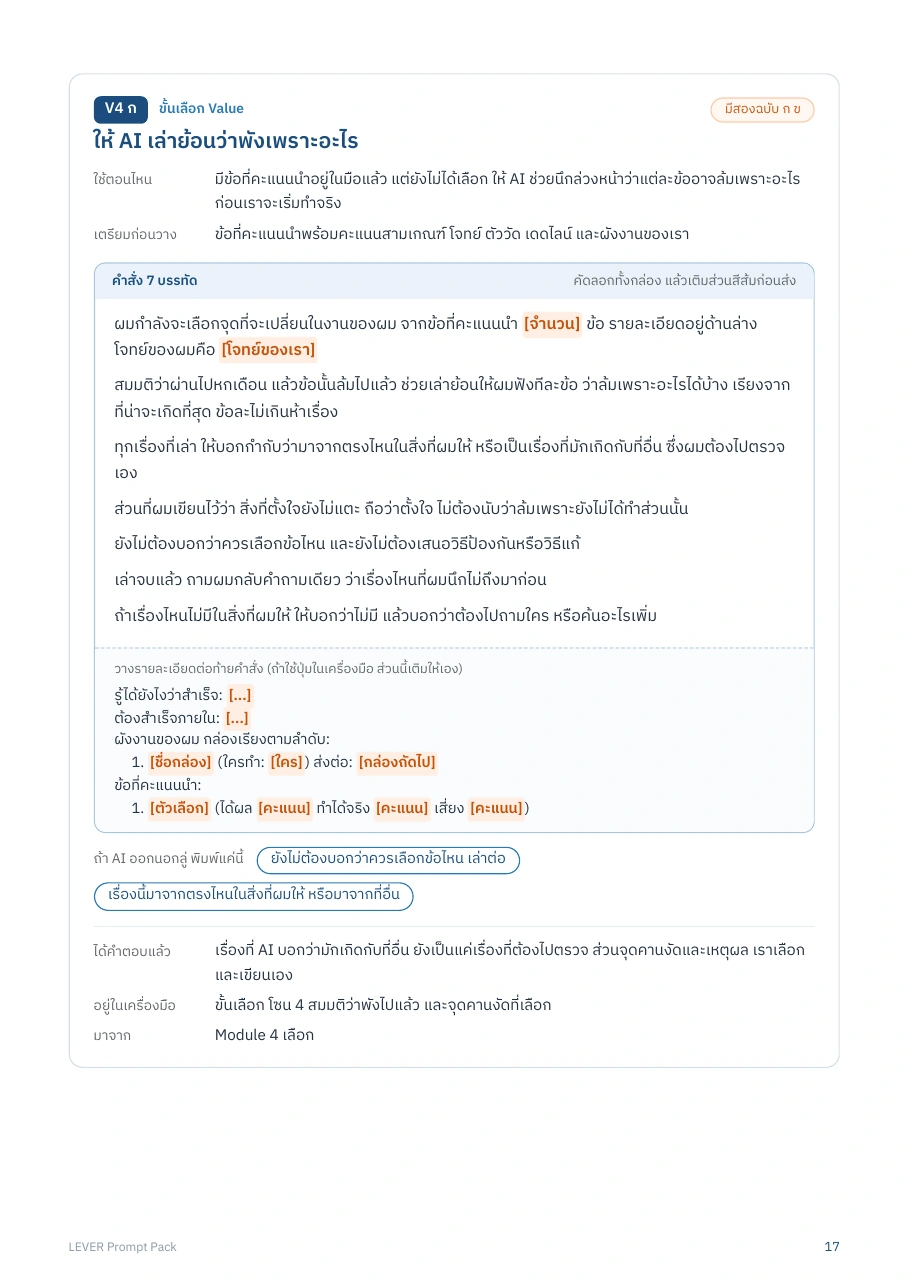 LEVER Prompt Pack: ใช้ตอนไหน เตรียมอะไร พิมพ์อะไร