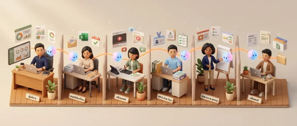 ภาพประกอบคนทำงานหลากหลายอาชีพที่ใช้ AI เป็นผู้ช่วย
