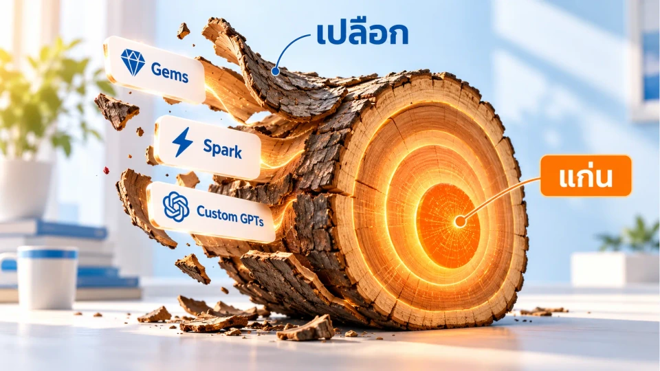 เปลือกคือชื่อเครื่องมือและฟีเจอร์ที่เปลี่ยนบ่อย แก่นคือ 3 เลเวลการใช้ AI ที่แทบไม่เปลี่ยน