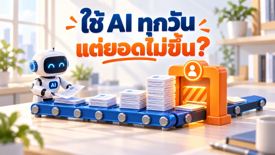 หุ่นยนต์ AI เร่งเอกสารบนสายพานสีน้ำเงิน แต่งานกองรอหน้าจุดอนุมัติสีส้ม พร้อมข้อความ ใช้ AI ทุกวัน แต่ยอดไม่ขึ้น?
